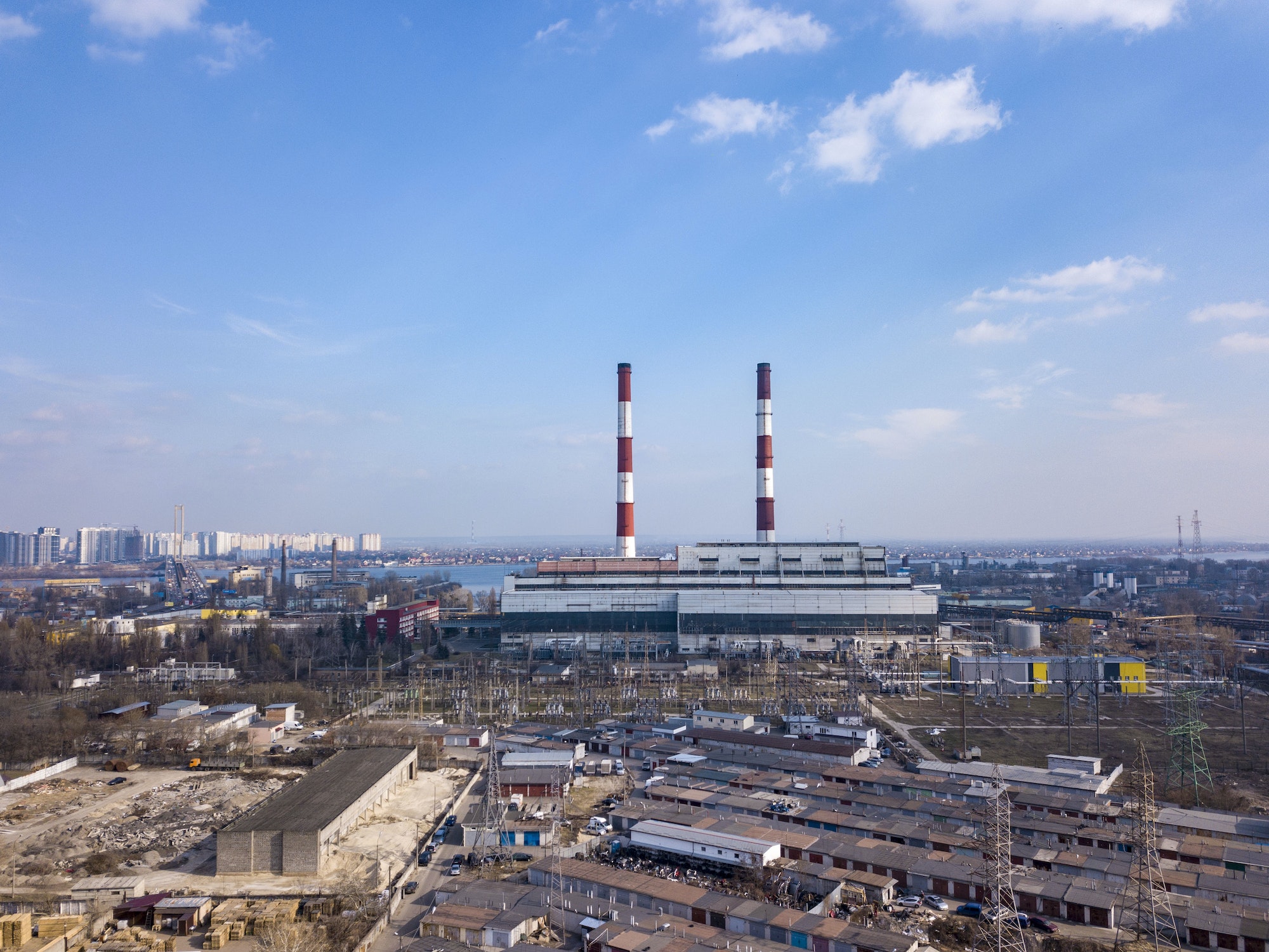 Aerial view from drone of industrial area in a city Kiev, Ukraine with Electric utility Company on a